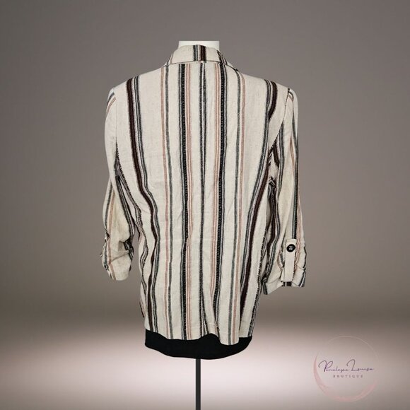 NYCC Linen Blend Striped Blazer Jacket M Roll Tab Sleeves - Picture 2 of 8
